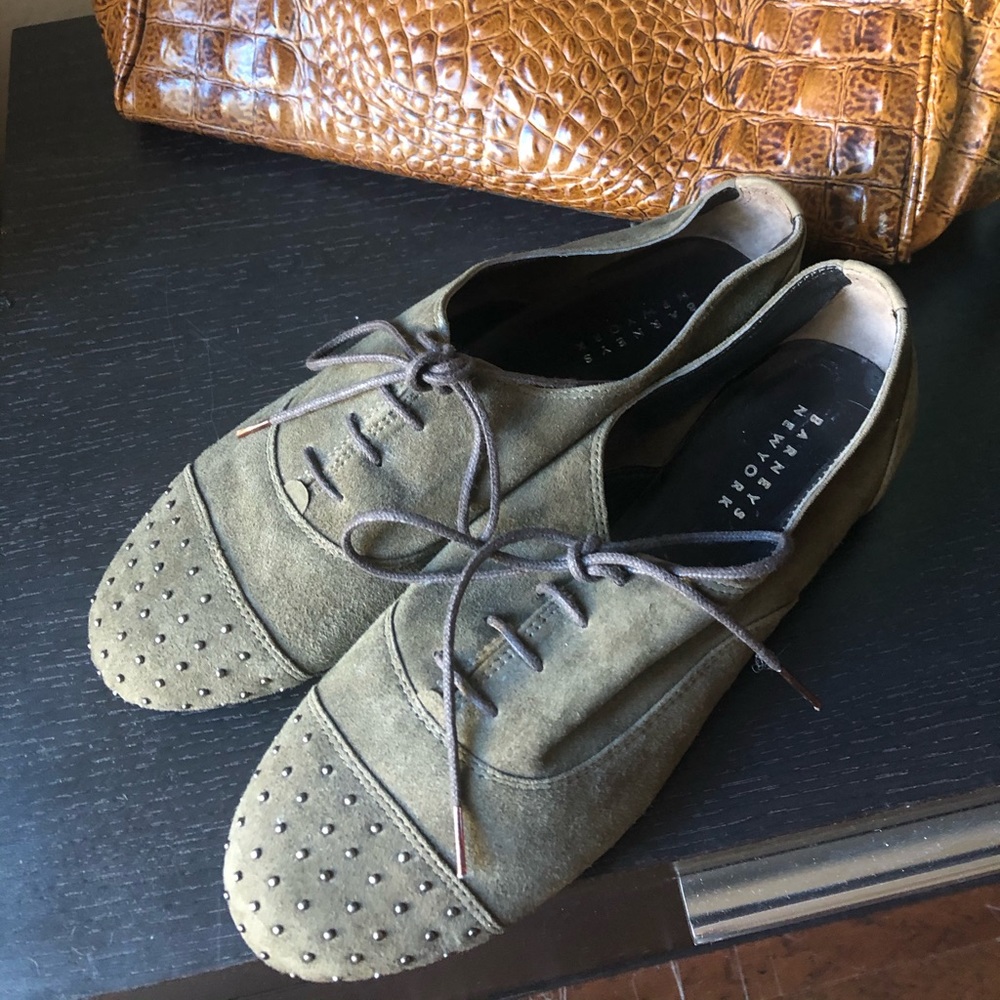 Barneys New York Olive Green Studded Oxford Flats